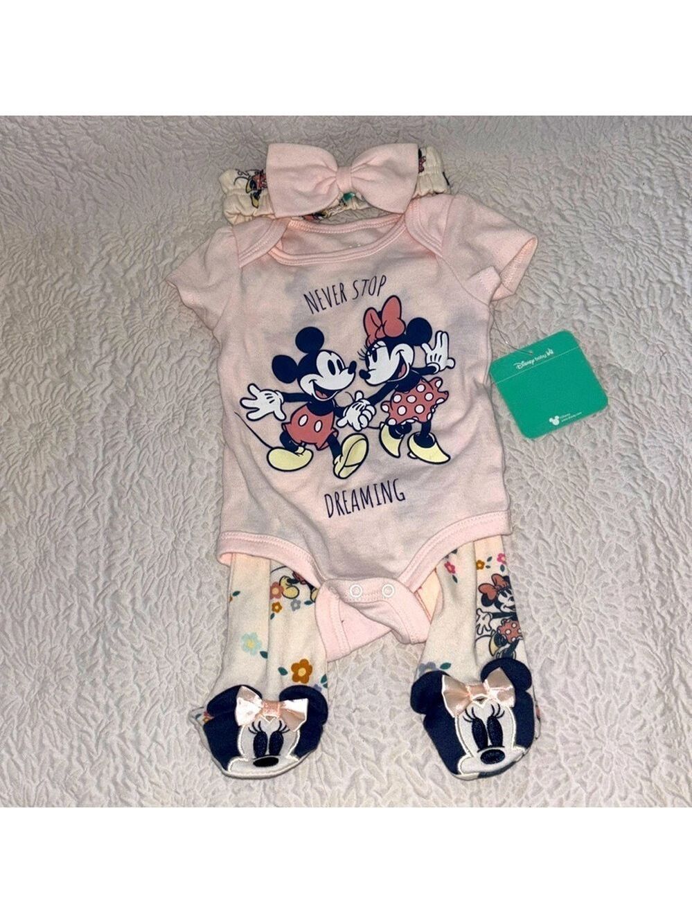 Disney Baby Minnie & Mickey Mouse Bodysuit, Pant & Headband Infant Set